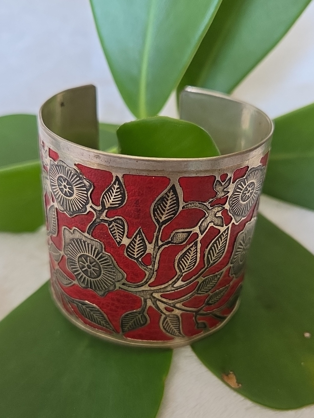 Red & Silver Tone Indian Fair Trade Floral Cuff Bracelet.
